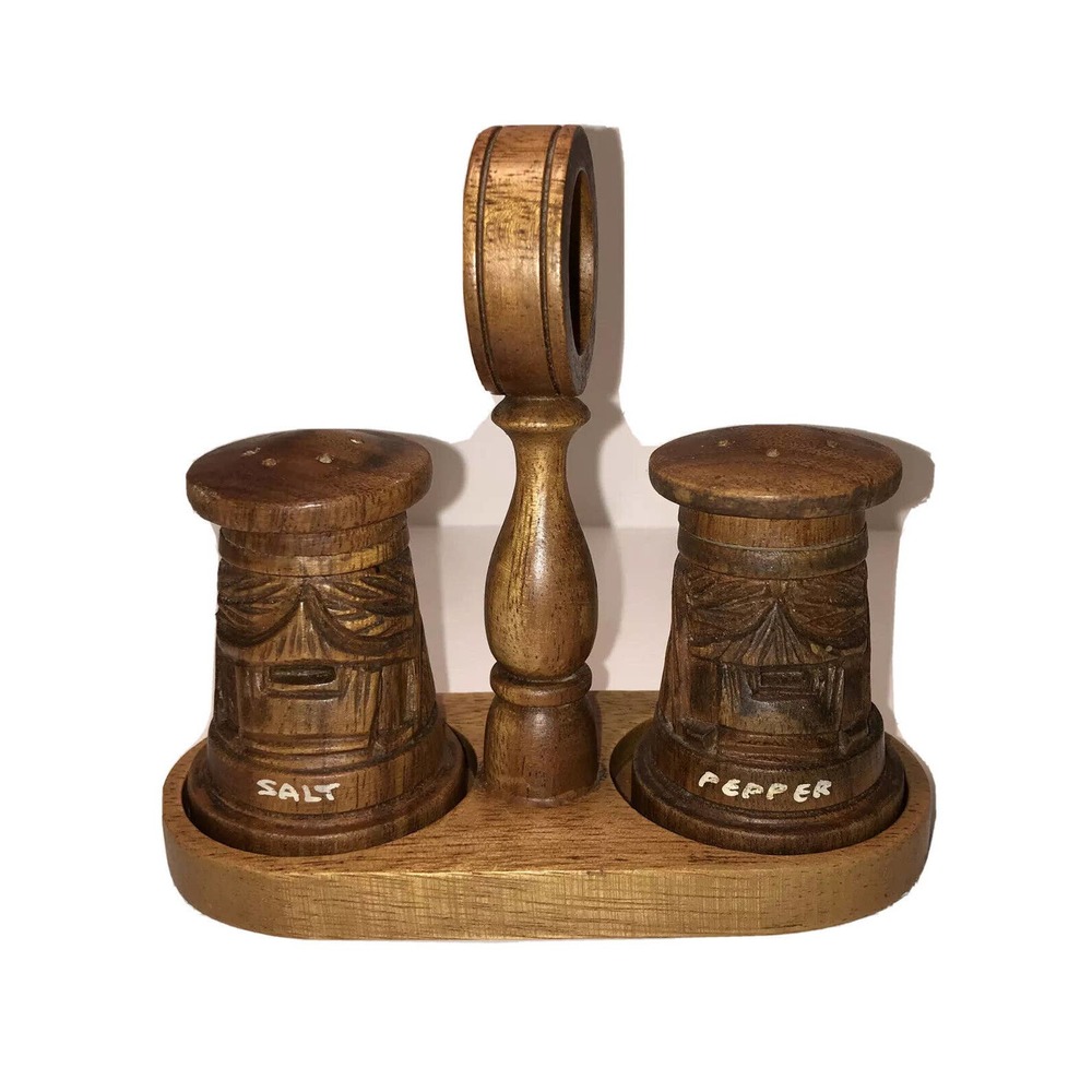 Wood Tiki Figures Salt&Pepper Shaker Set with Holder(Preowned) VINTAGE